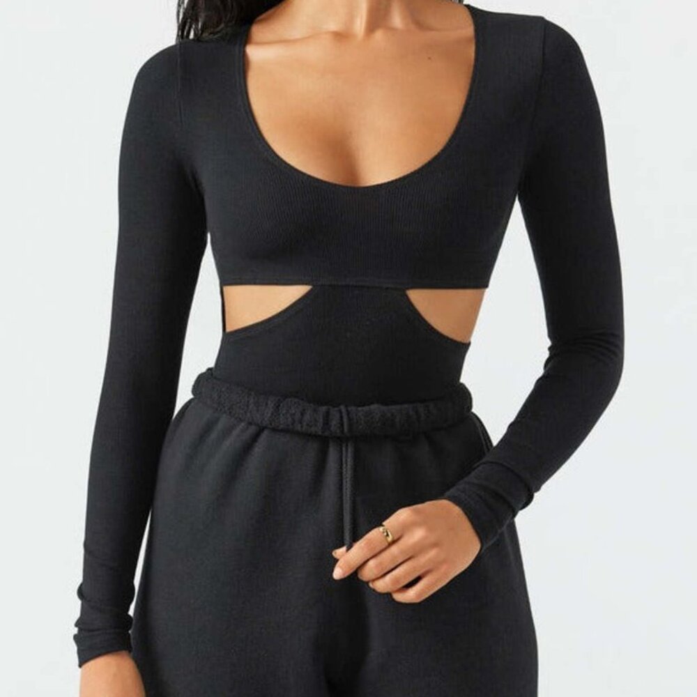Joah Brown Fitted Cutout Long Sleeve, Black, Size S/M